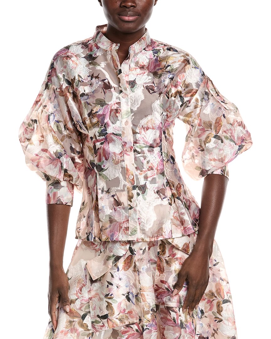 Gracia Floral Print Organza Puffed Sleeve Top