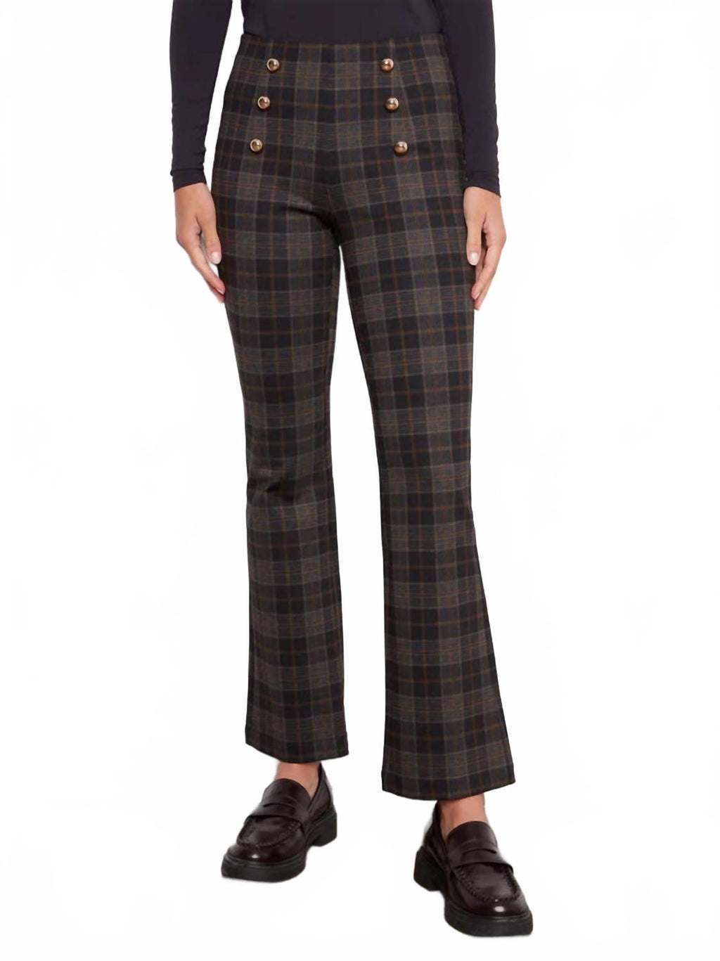 Flare Plaid Pants With Decorative Buttons In Roman