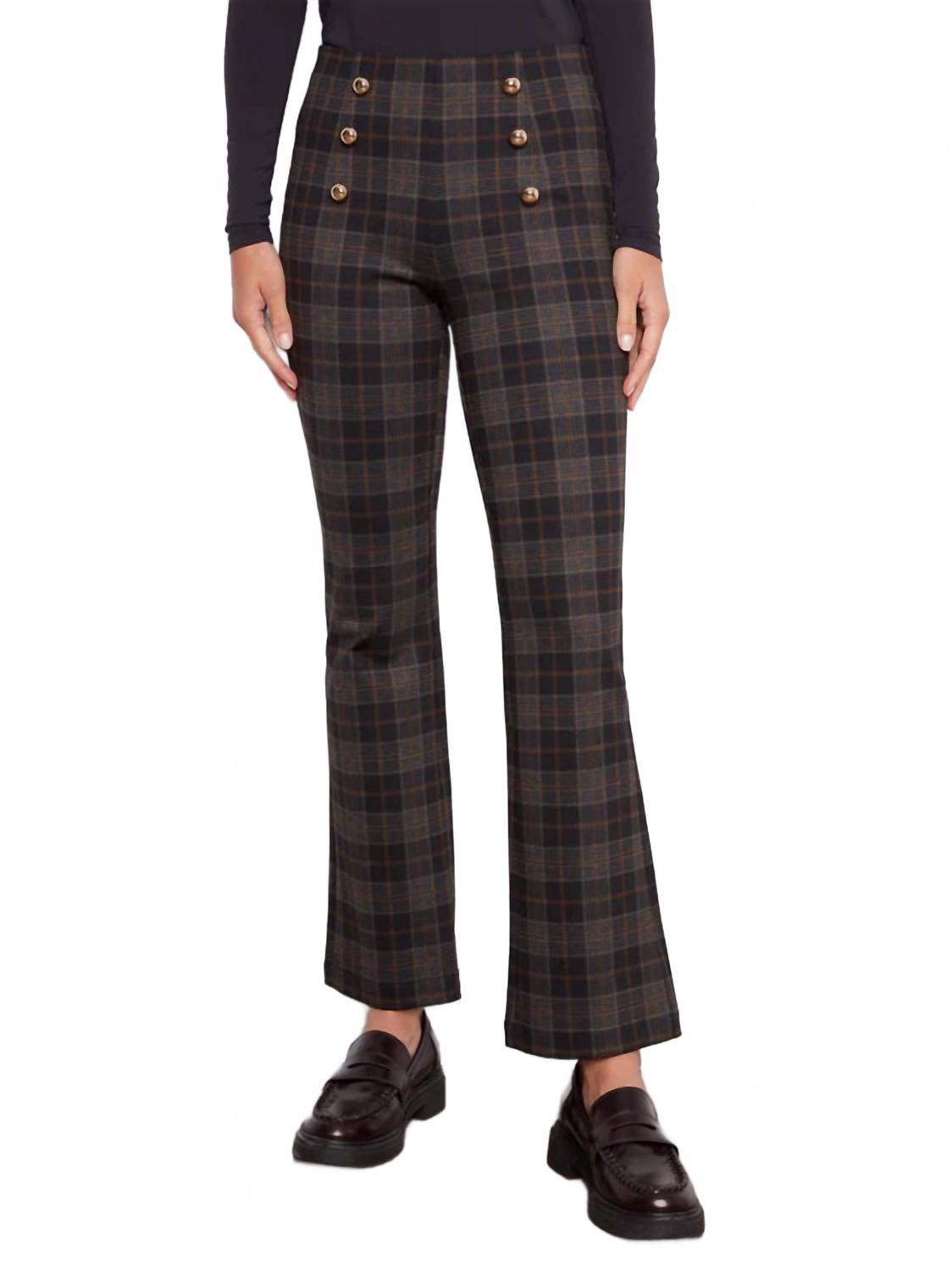Flare Plaid Pants With Decorative Buttons In Roman