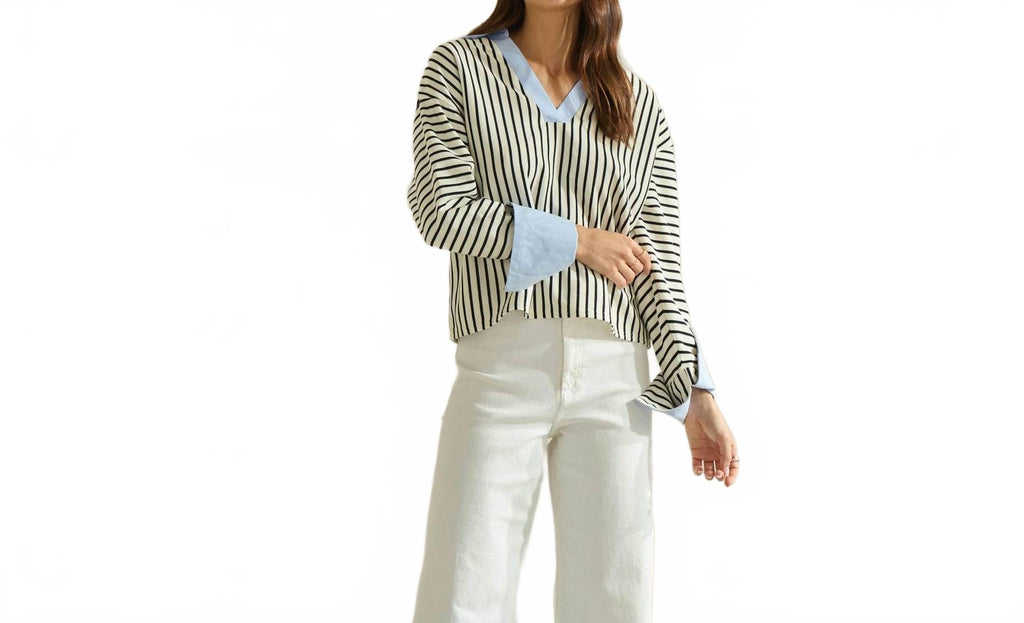 Stripe V-Neck Blouse In Black/white