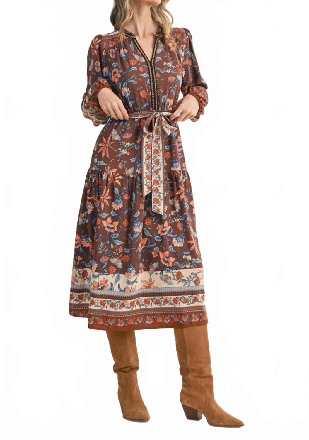 Floral Border Print Belted Midi Dress In Brown Multi