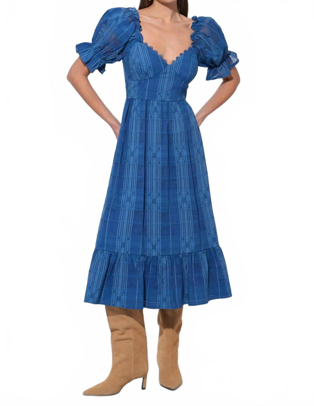 Betsey Puff Sleeve Jacquard Striped Maxi Dress In Marine Blue