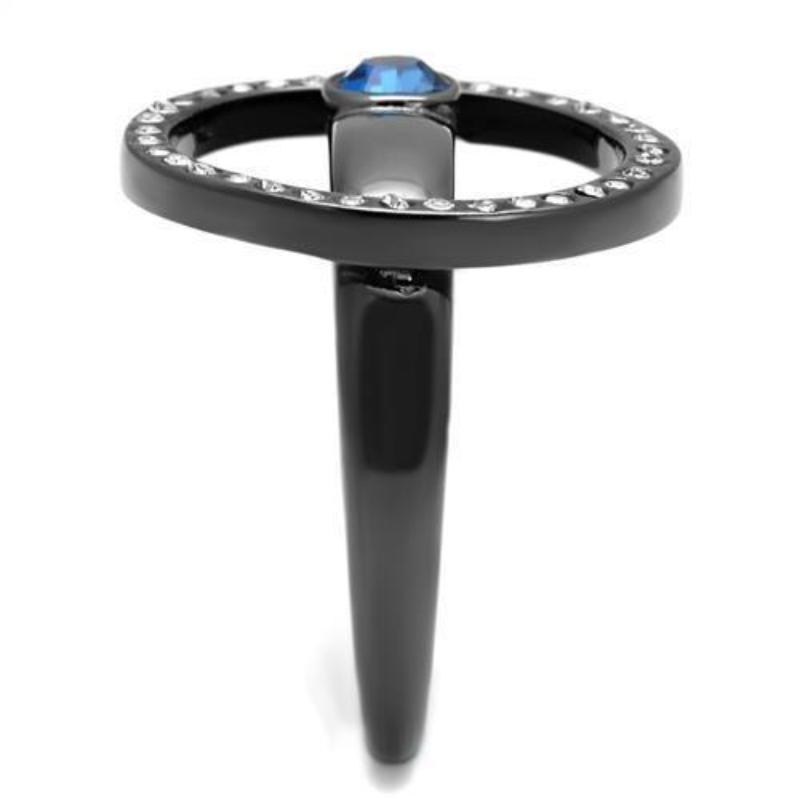 IP Light Black Stainless Steel Ring with Top Grade Crystal in Capri Blue