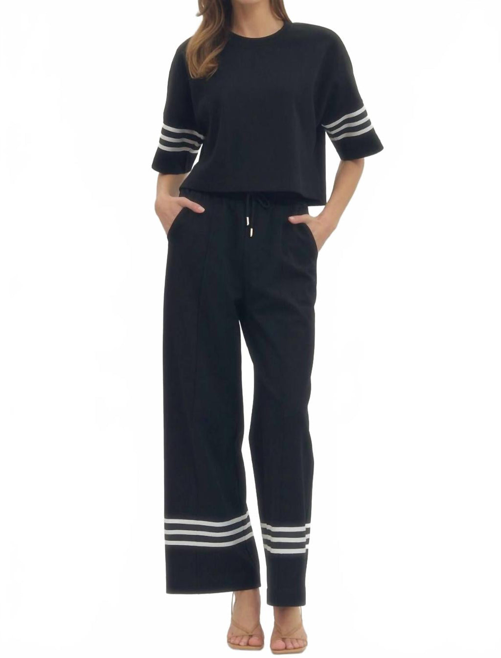 Luna Short Sleeve Knit Top And Wide Leg Pants Set In Black