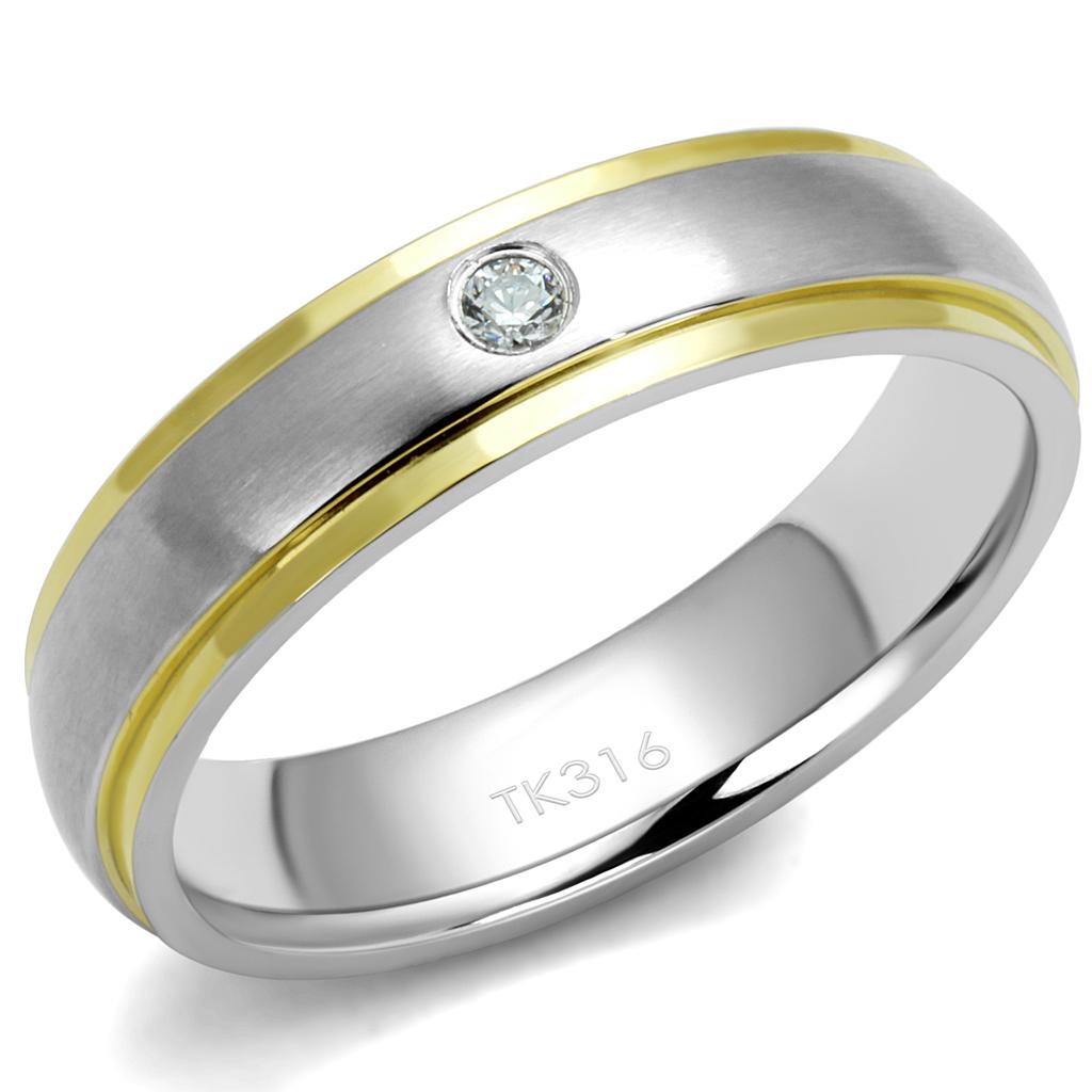 Two-Tone IP Gold (Ion Plating) Stainless Steel Ring with AAA Grade CZ in Clear