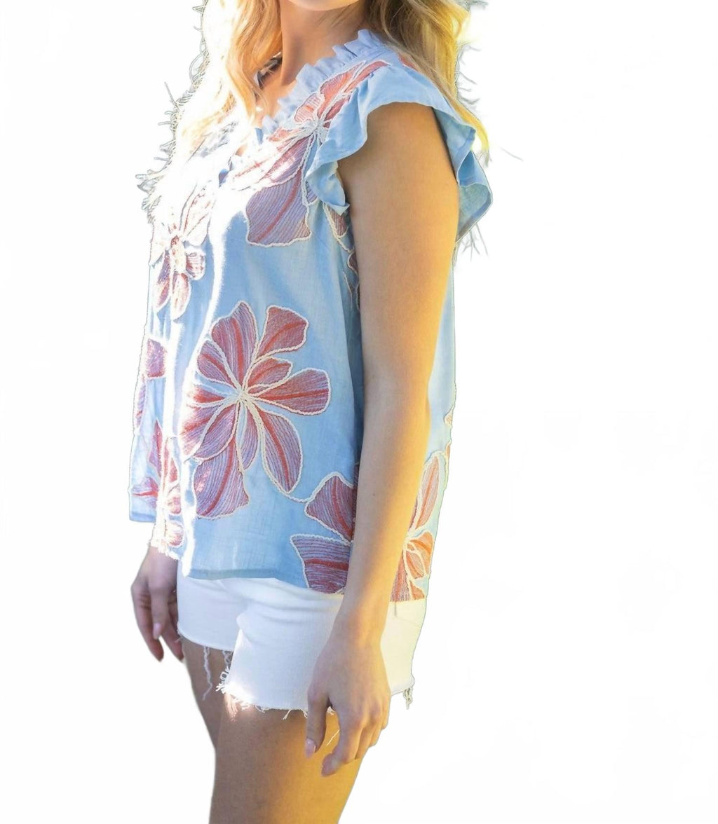 Applique Floral Ruffle Top In Blue