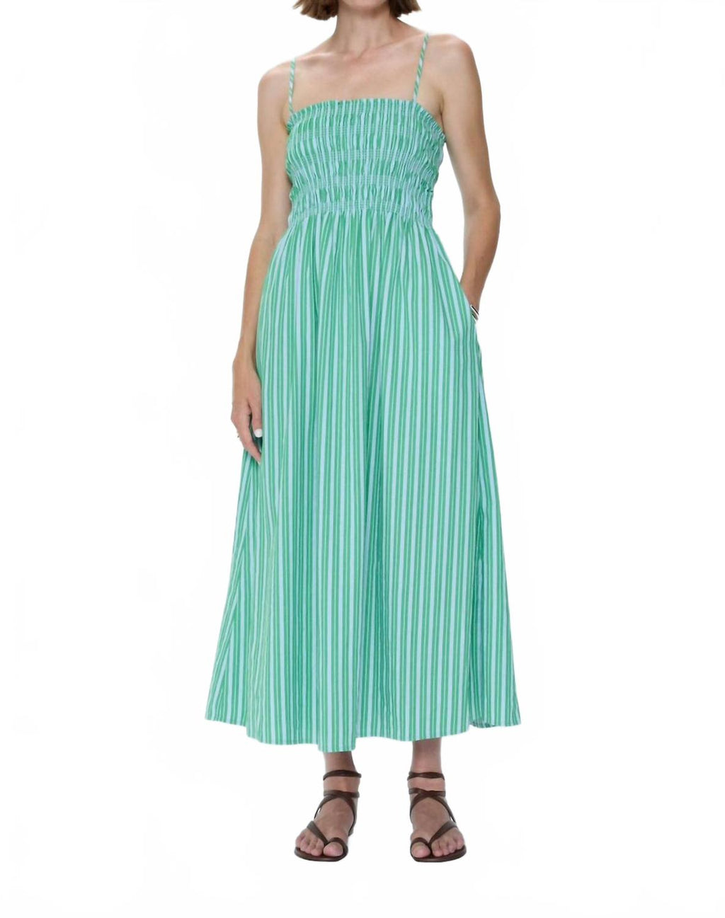 Bianca Shirred Bodice Dress In Green Blue Stripe