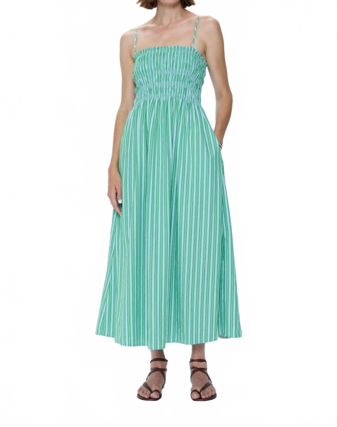 Bianca Shirred Bodice Dress In Green Blue Stripe