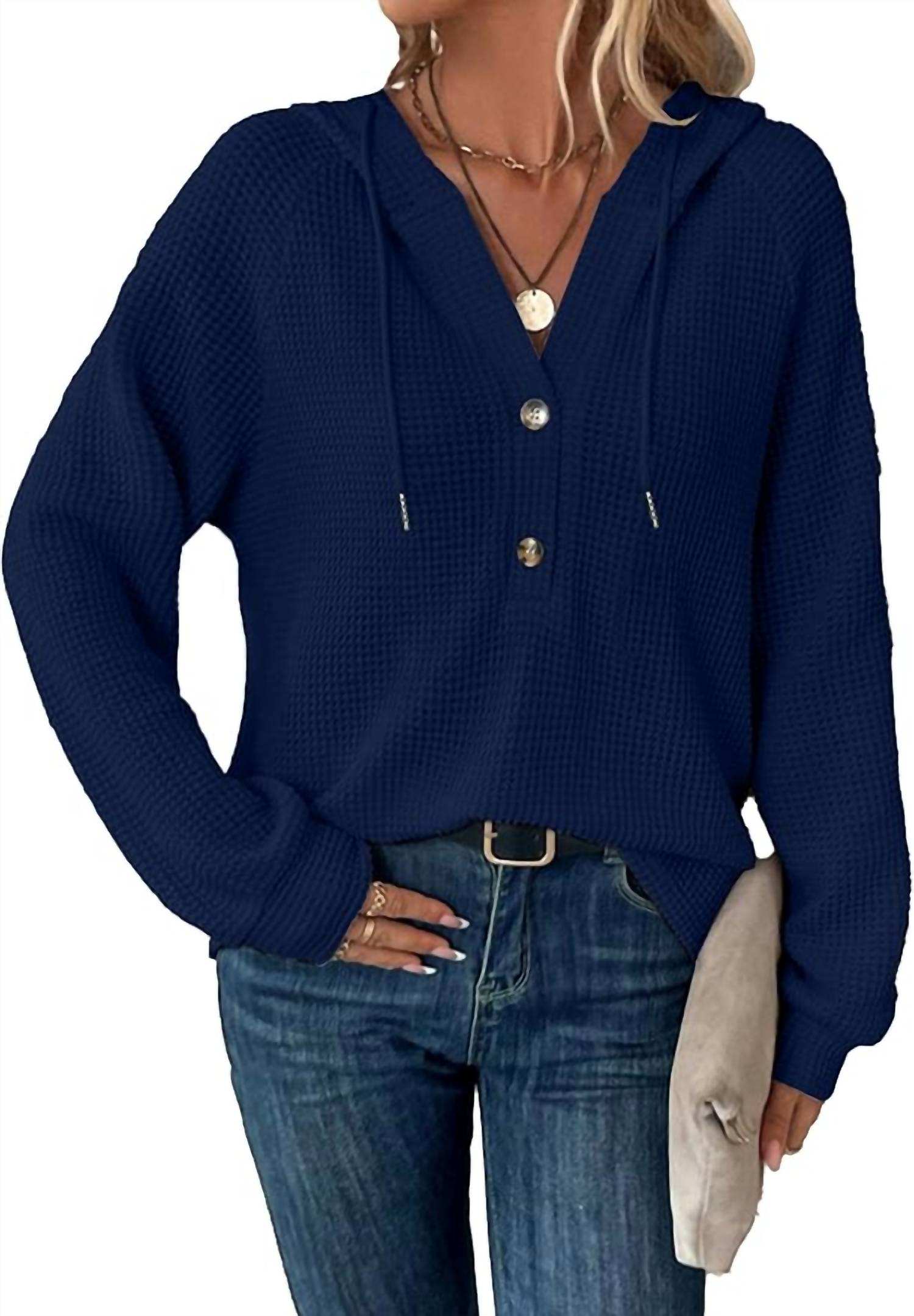 Waffle Button-Up Hoodie Pullover In Navy