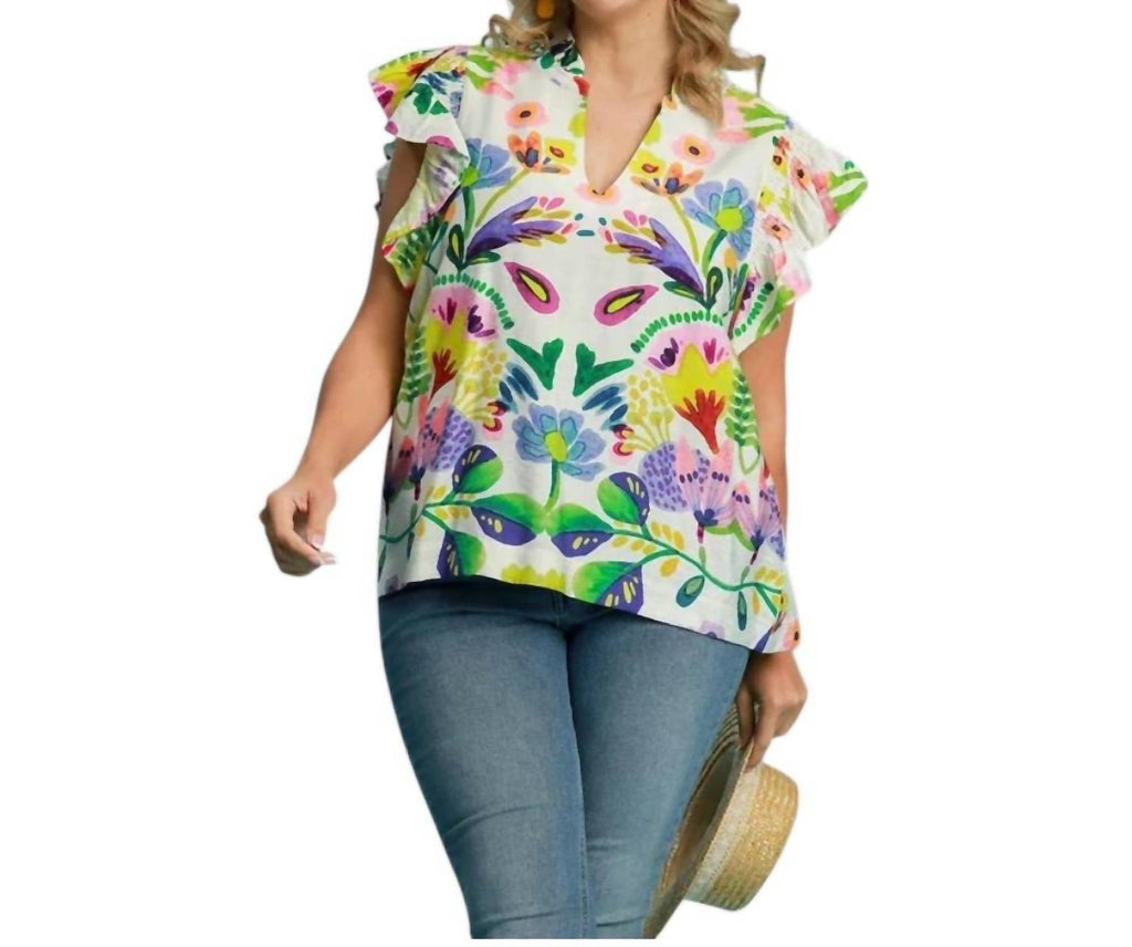 Lucky In Love V-Neck Top - Plus Size In Green Mix