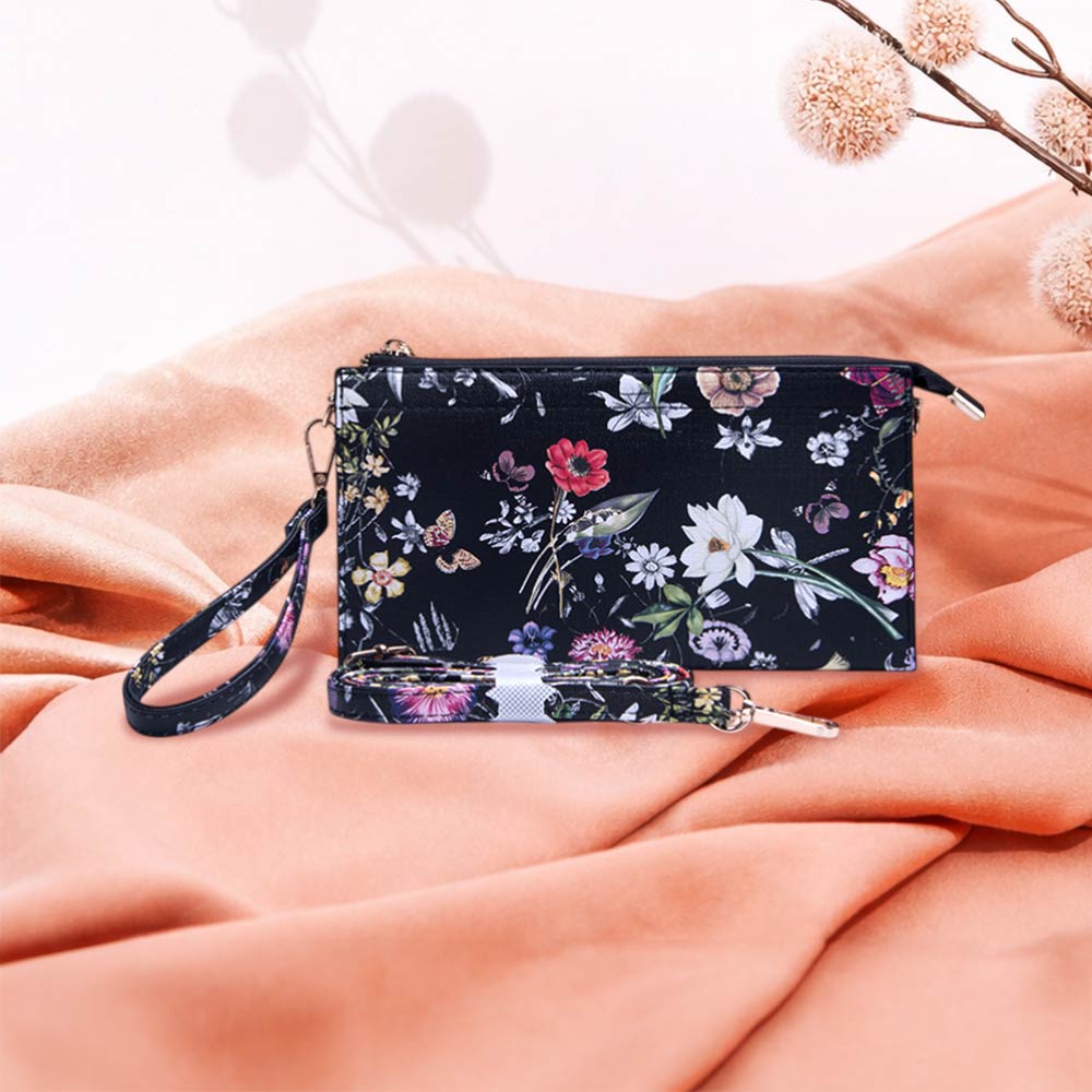 Faux Leather Floral Pattern Slim Wallet Crossbody Bag