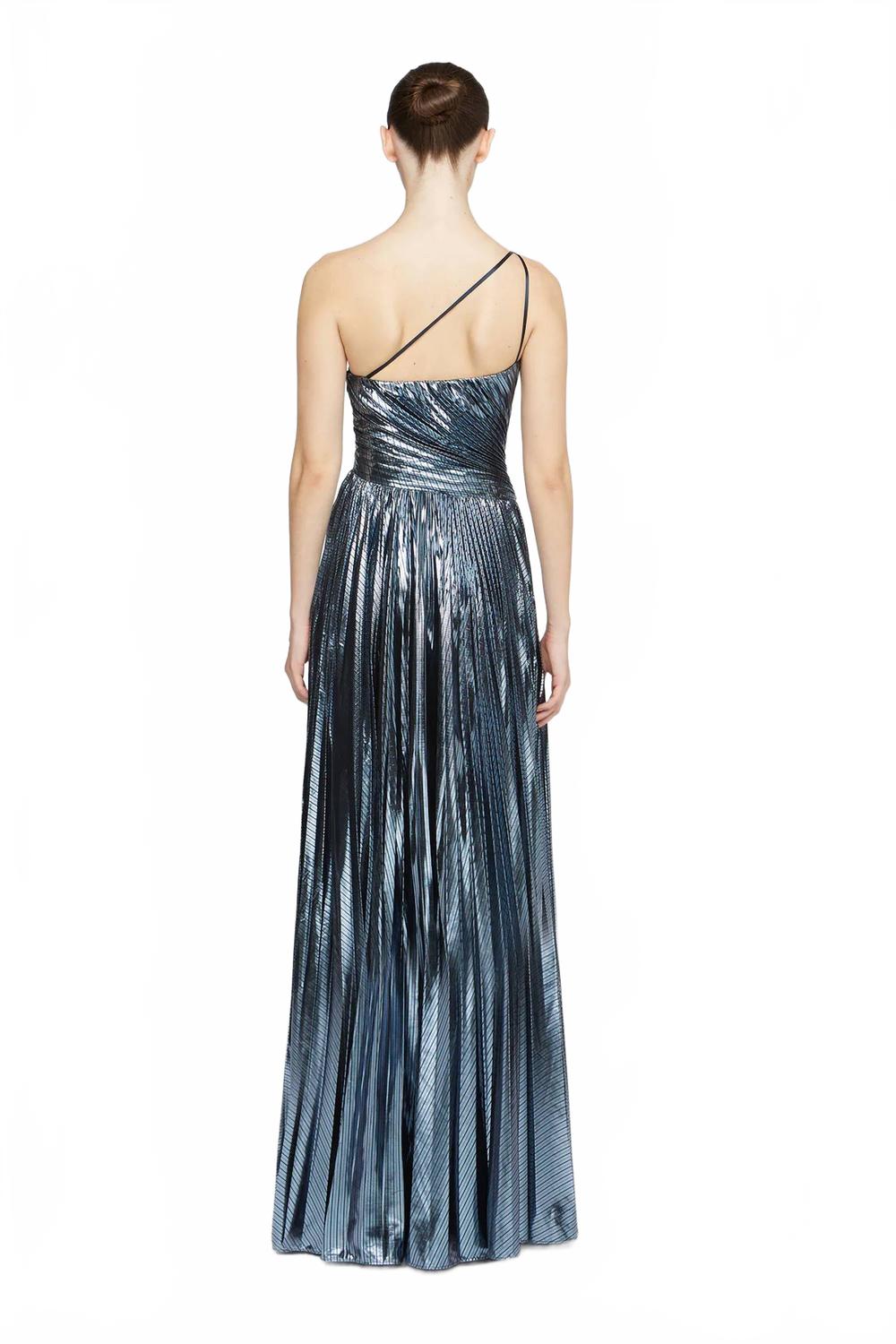 Terese Pleated Metallic One Shoulder Gown In Slate Blue