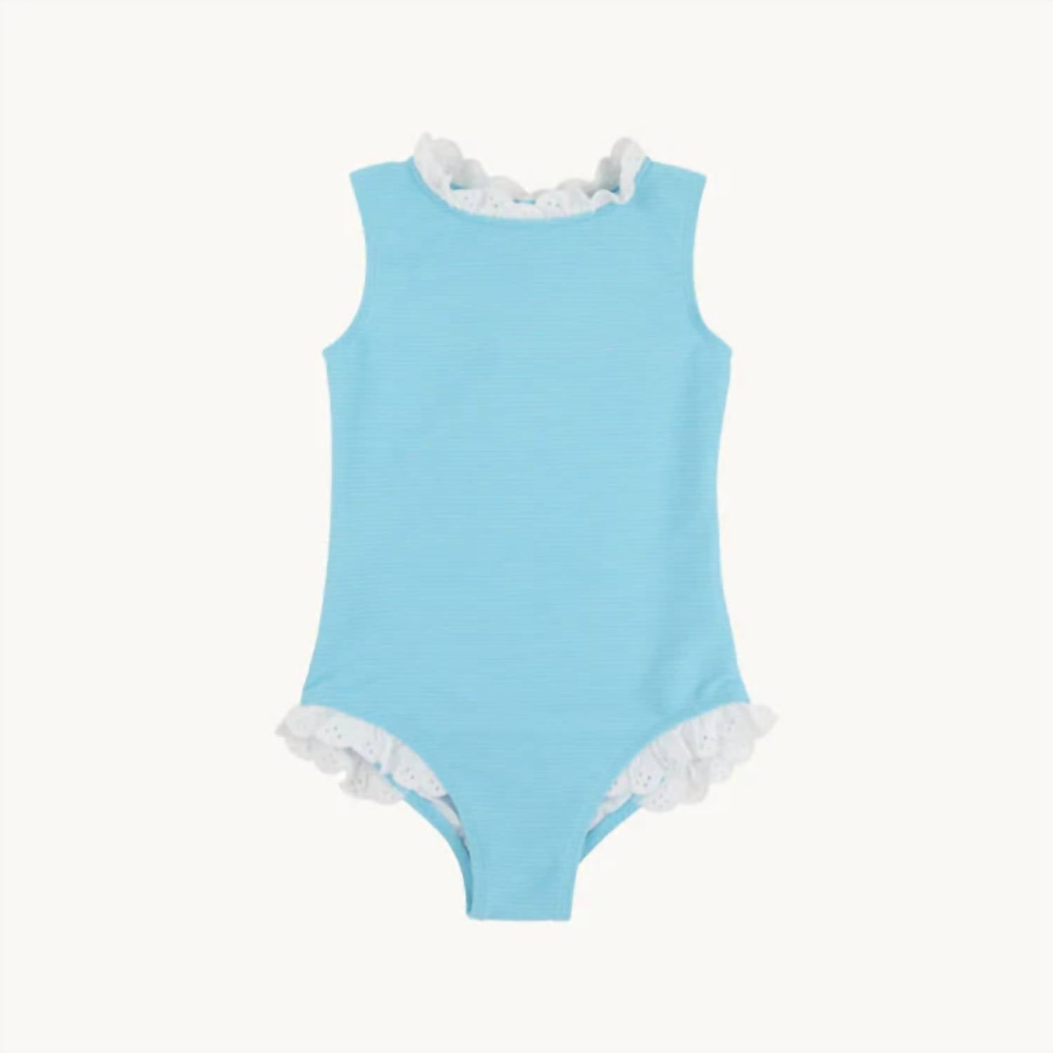 Girl's Sleeveless Sarasota Surf Swimsuit In Belhaven Blue With Worth Avenue White