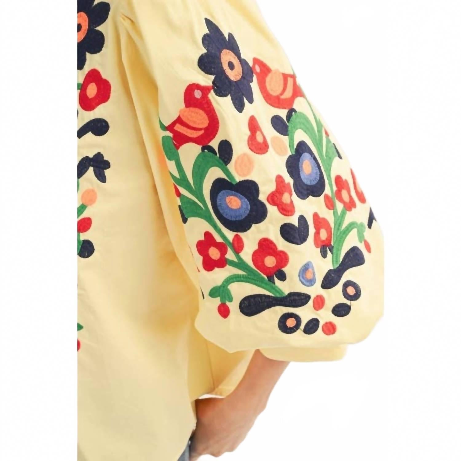 Embroidered V-Neck Woven Top In Banana Yellow