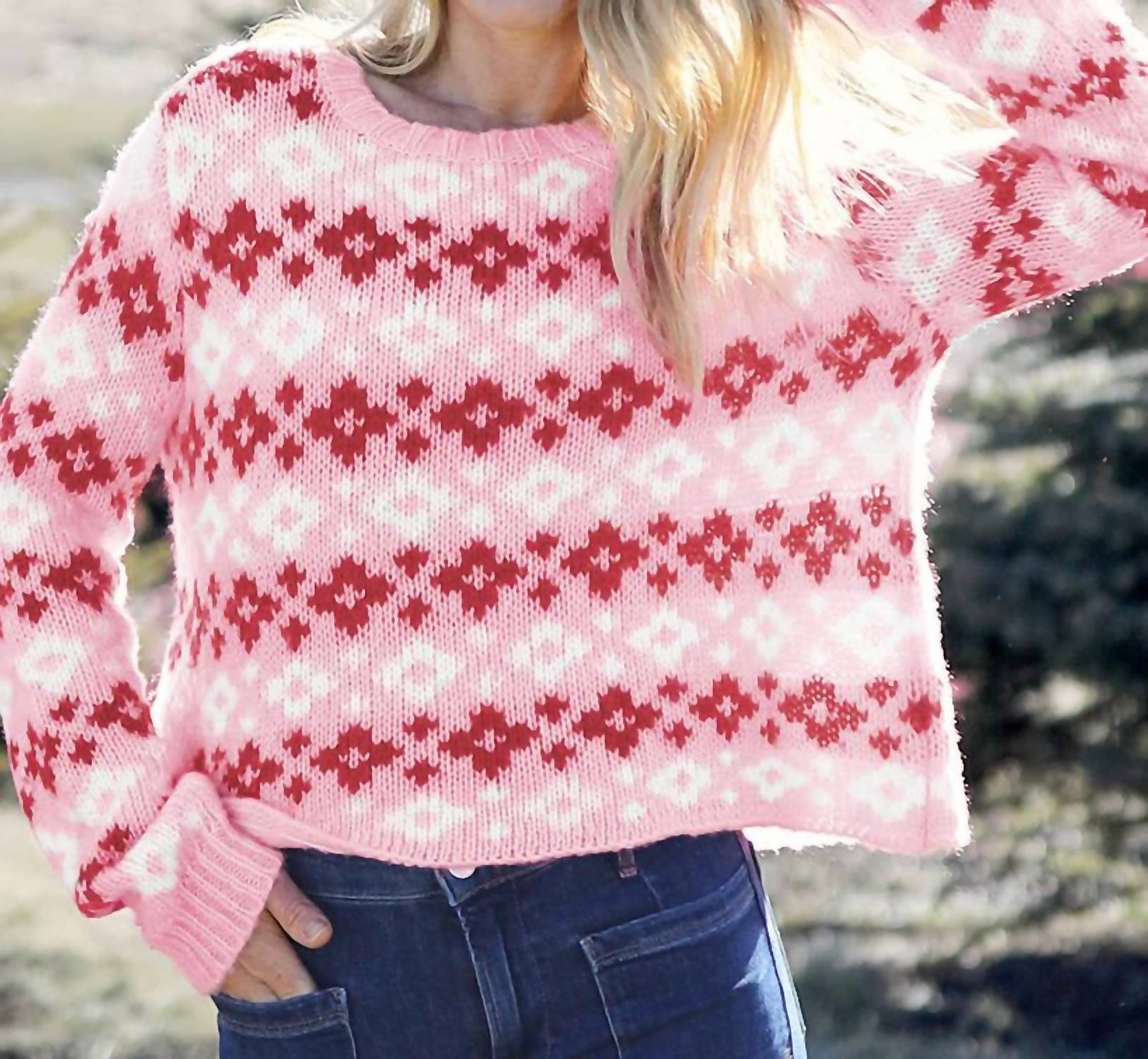 Shrunken Fairisle Chunky Crew Sweater In Blush Multi