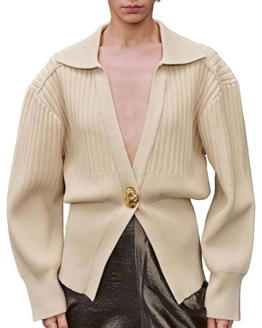 Knitted Collared Cardigan In Cream