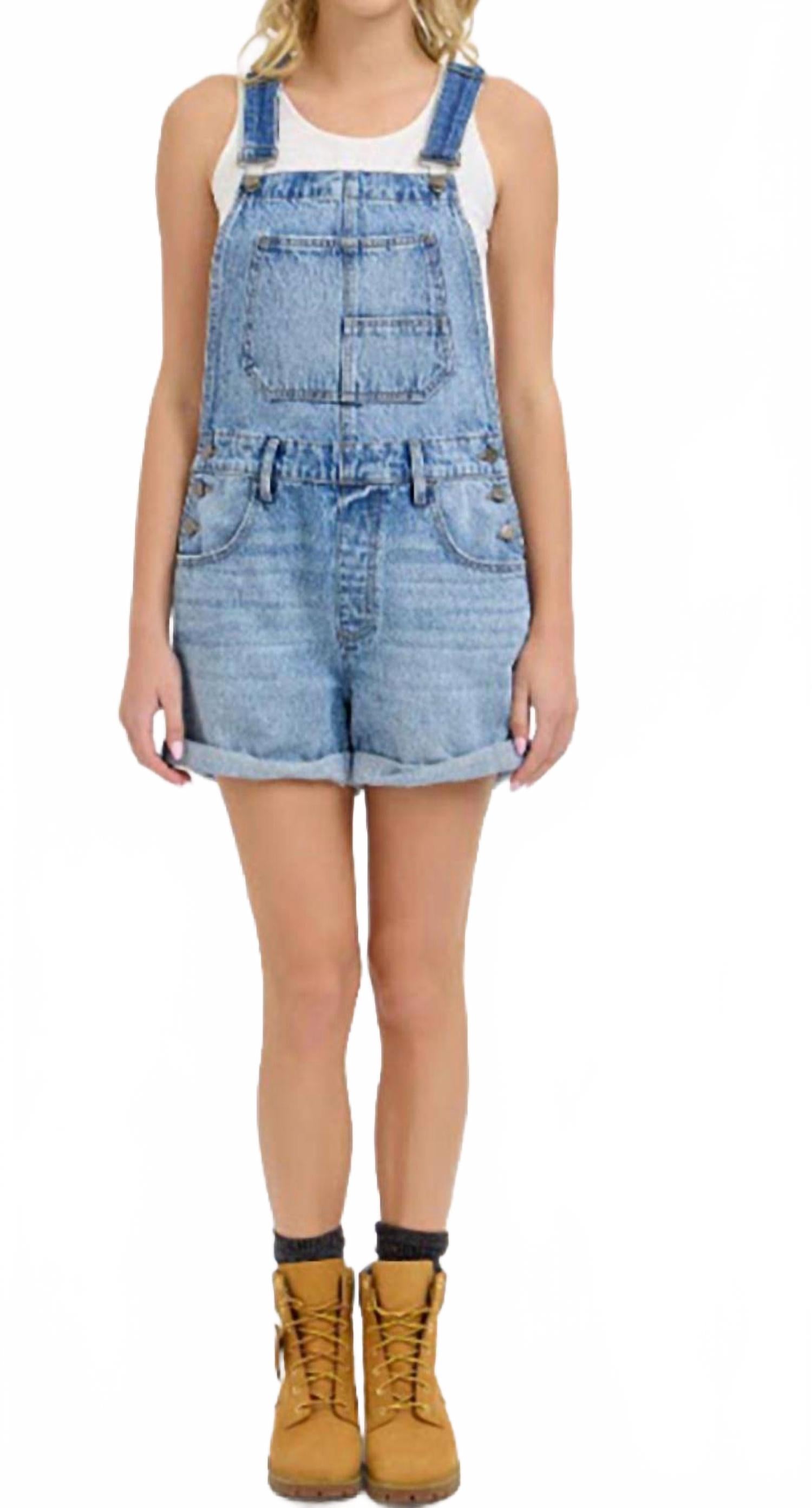 High-Rise Denim Shortall With Rolled Cuff Romper In Medium Blue