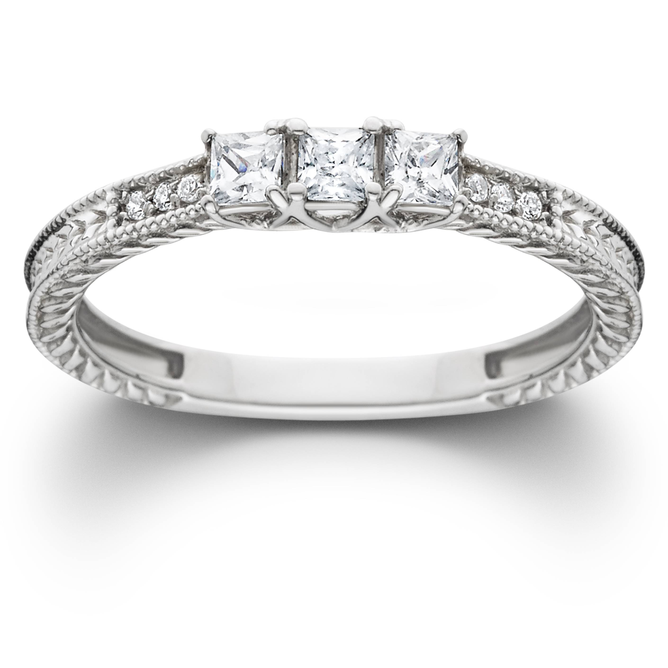 1/4ct Vintage Three Stone Princess Cut Diamond Engagement Ring 14K White Gold Size Selectable
