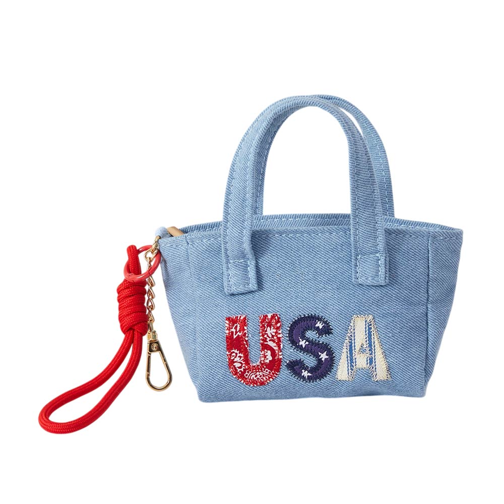 USA Letter Embroidered Mini Canvas Tote Bag Keychain Bag Charm