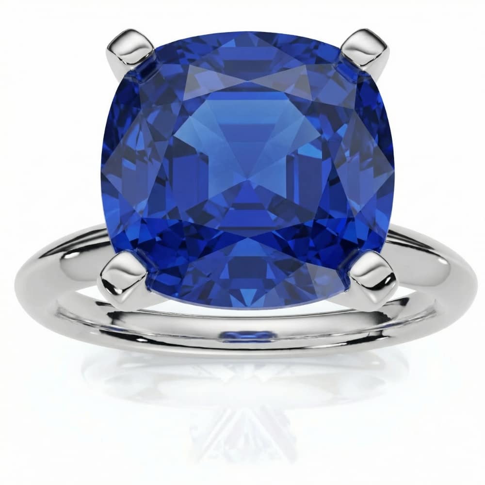 5Ct Cushion Blue Sapphire Solitaire Ring 14k Gold Lab Grown 10MM