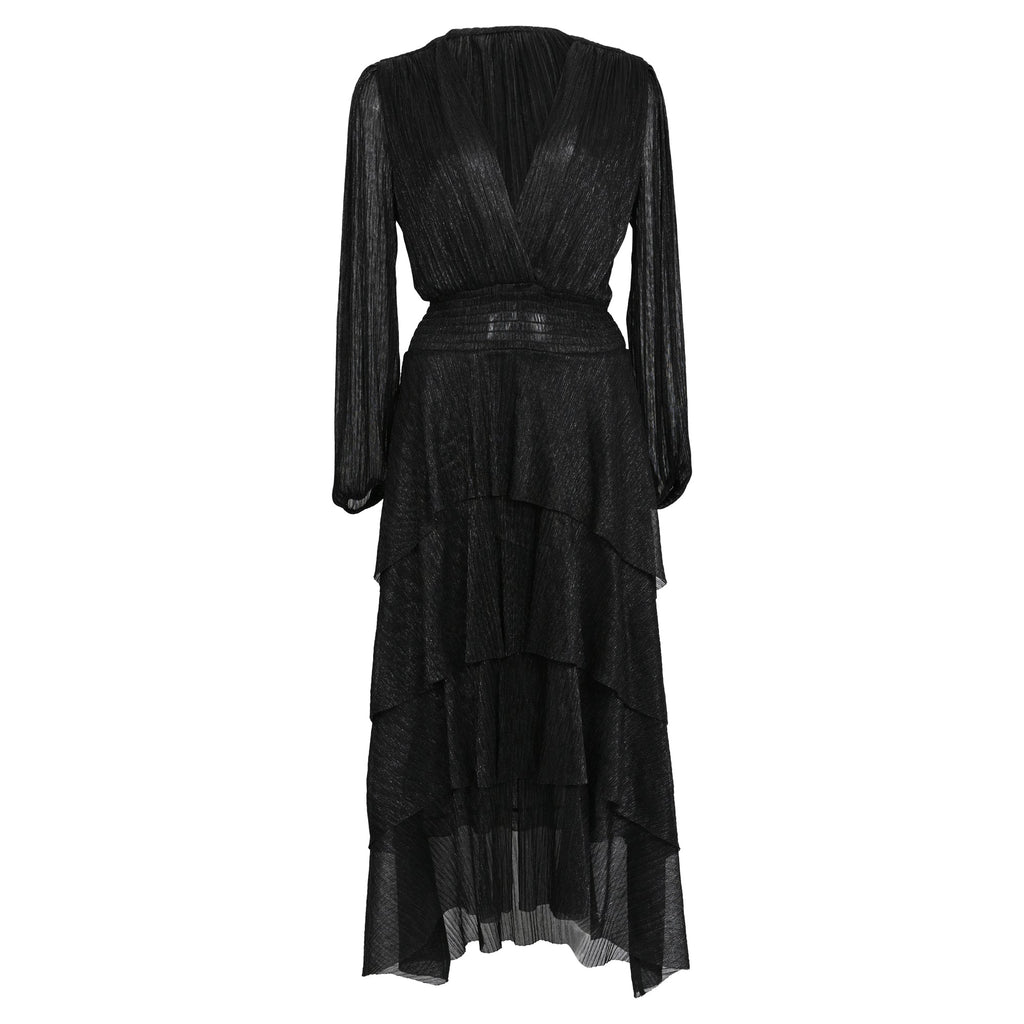 Maje Tiered Metallic Knitted Midi Dress in Black Polyester