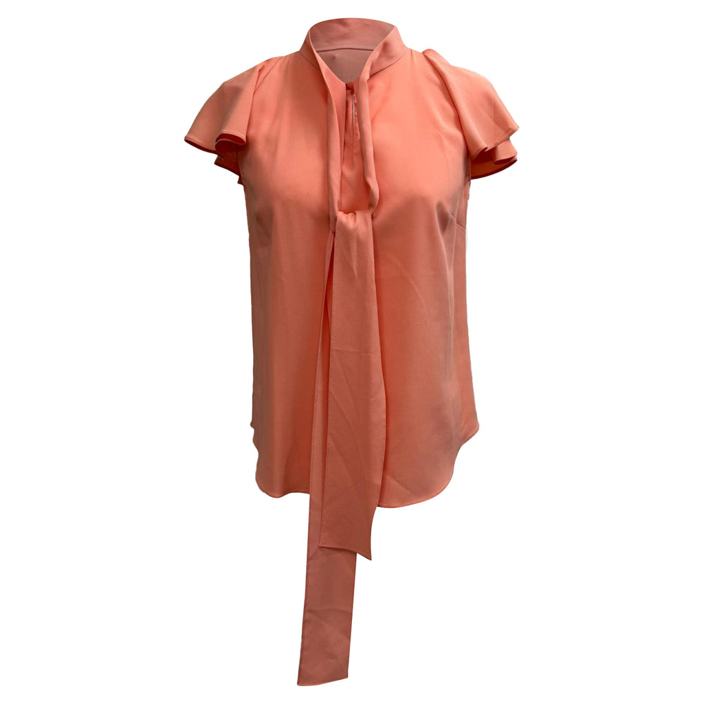 Oscar De La Renta Tie Neck Short Sleeve Blouse in Coral Silk