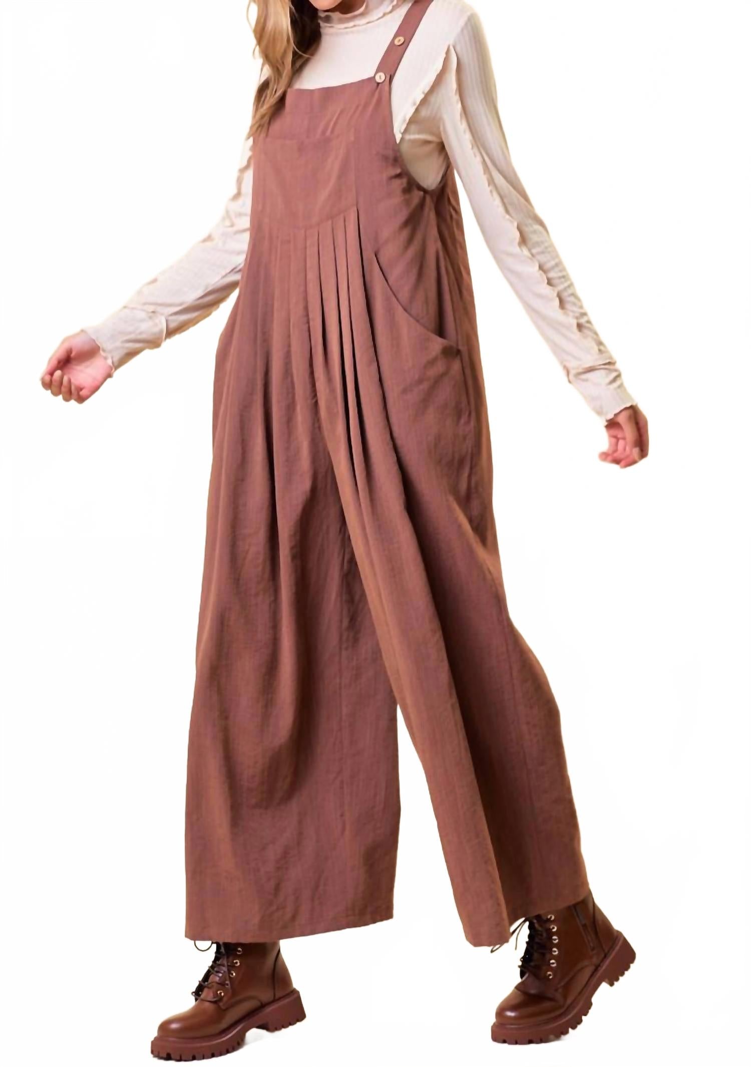 Over All Wode Leg Jumpsuit In Brown