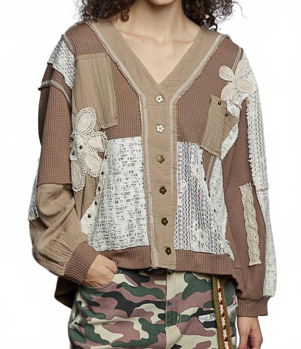 Oversize Lace Print Waffle Knit Button Up Top In Mocha