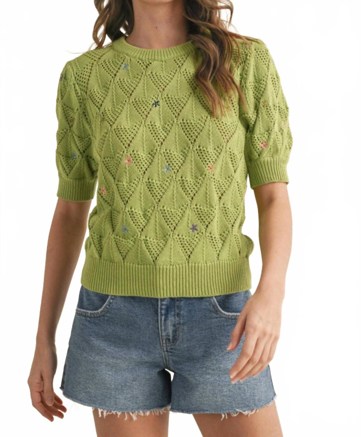 Embroidered Flower Short Sleeve Sweater In Lime