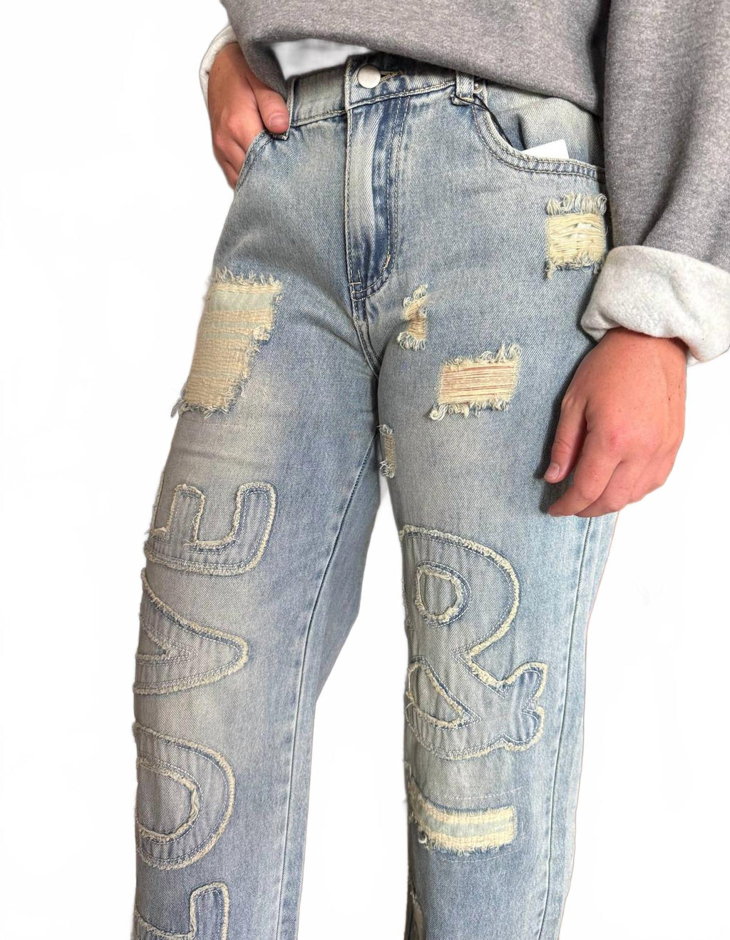 Women's Washed Love Letter Patched Jeans In Blue