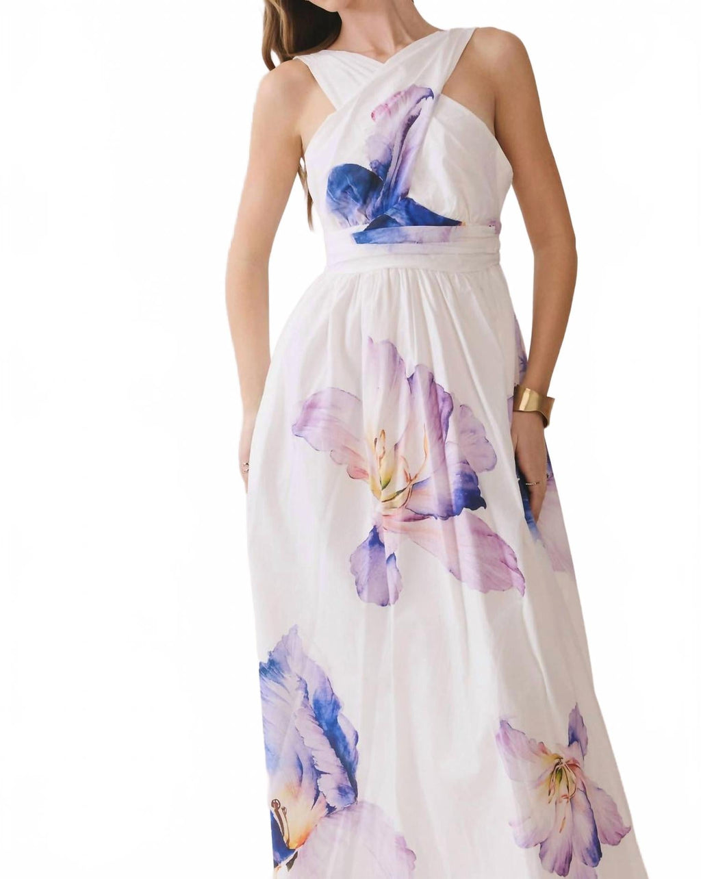 Floral Print Cross Halter Neck Midi Dress In Off White