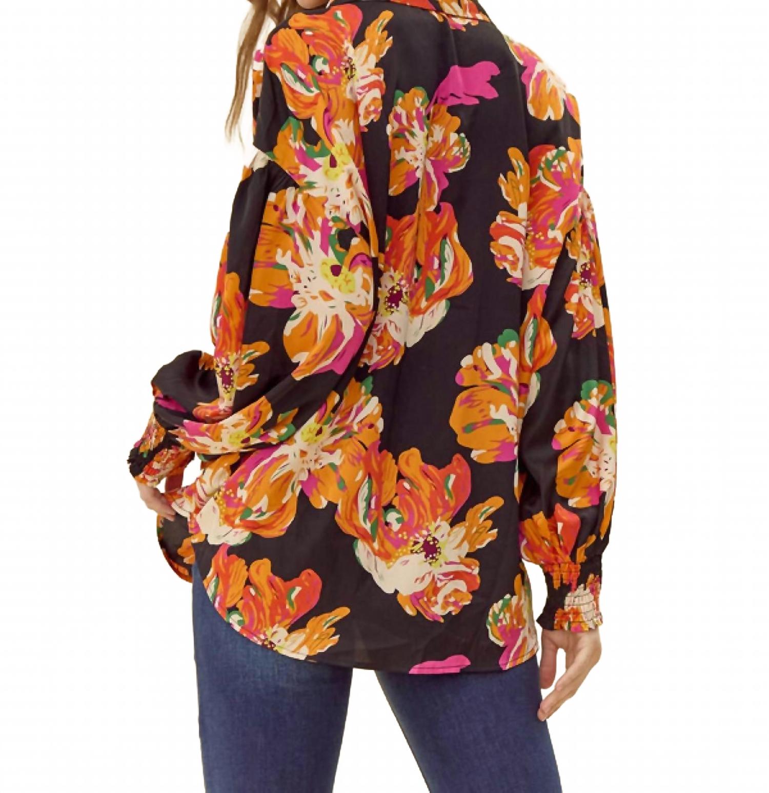Satin Vibrant Flower Print Button Front Shirt In Black