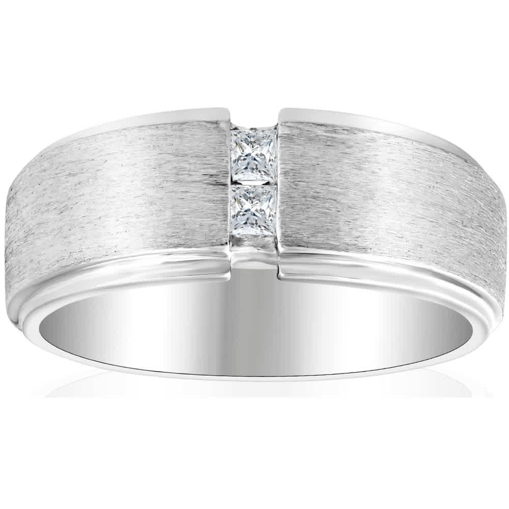 Mens 14K White Gold Brushed Princess Cut Diamond Wedding Ring Size Selectable