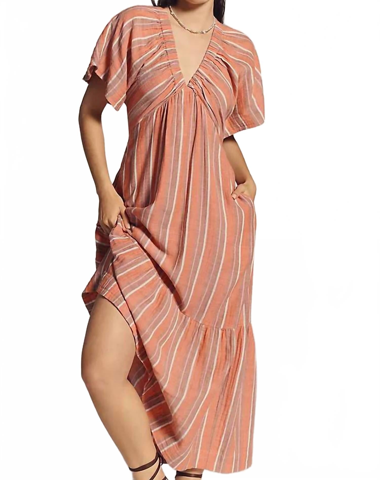 Gauze Stripe Midi Dress In Bright Coral