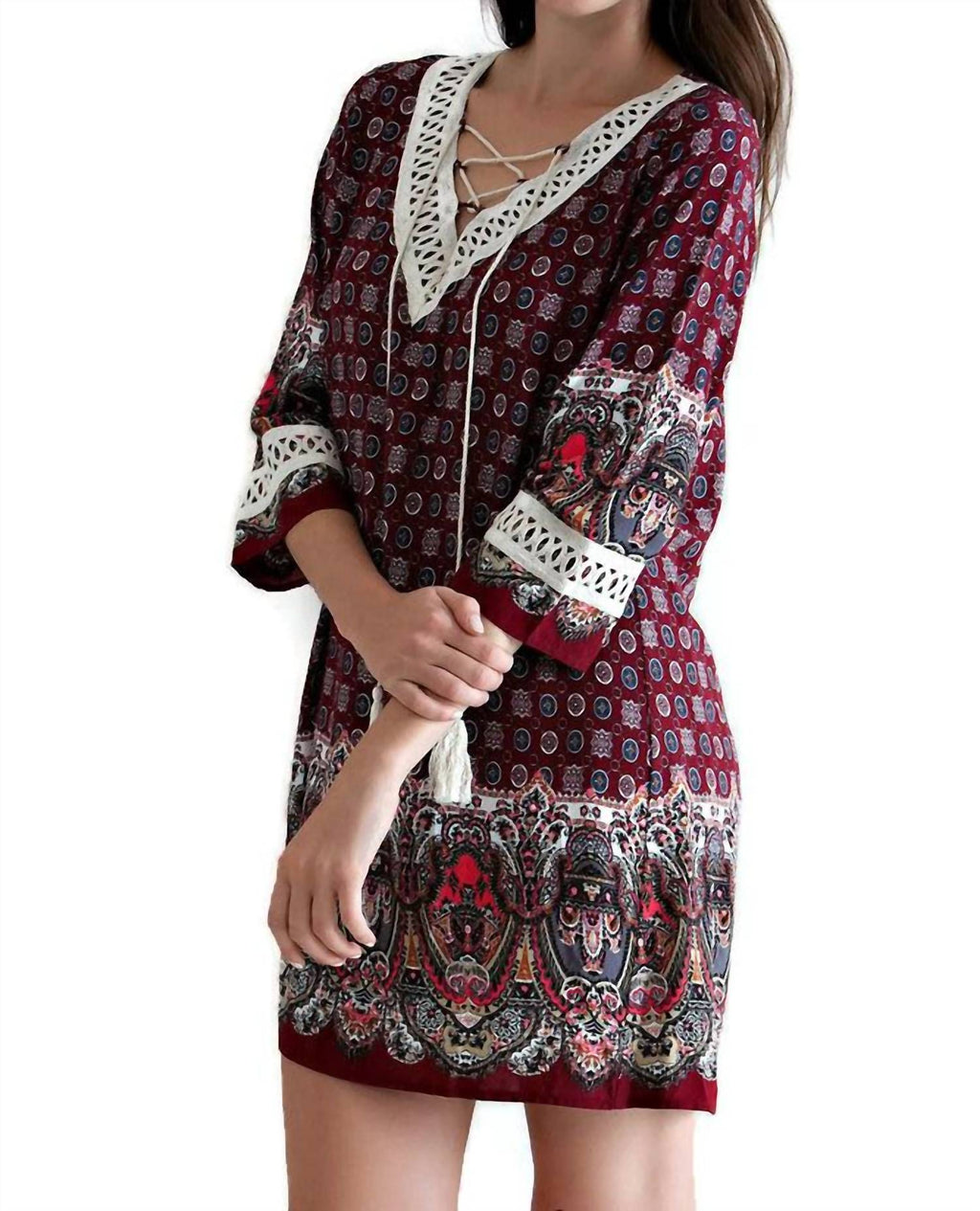 Border Print Tassel Tie Mini Dress In Burgundy
