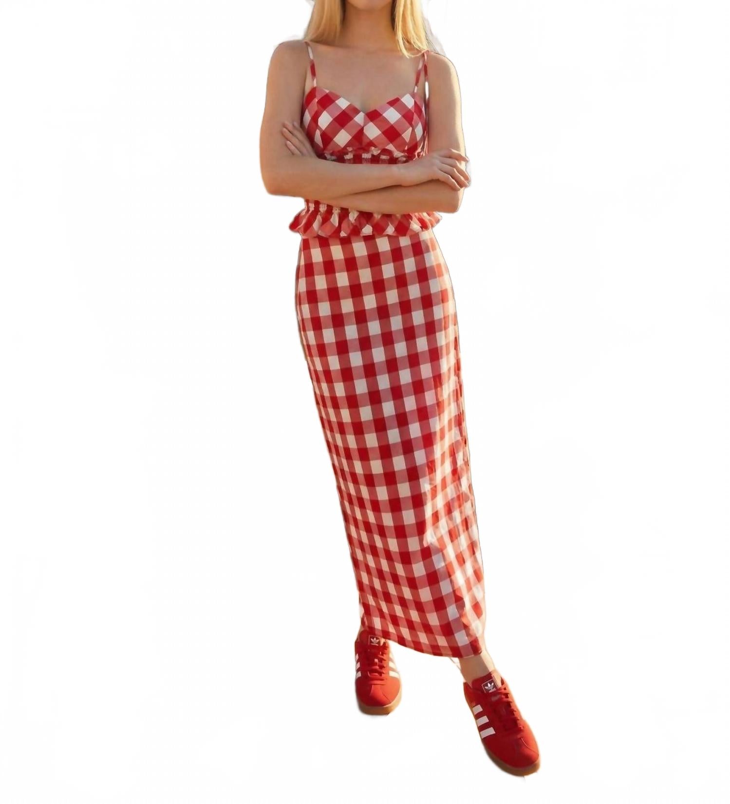 Gingham Sweetheart Top And Midi Skirt Set In Red/white