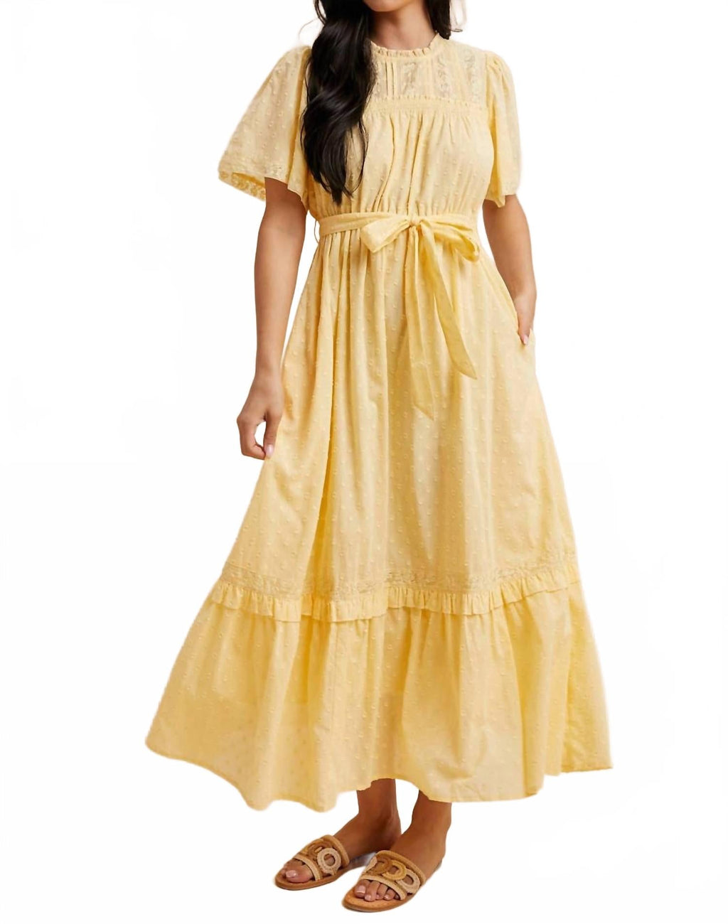 Swiss Dot Flutter Sleeve Maxi Dress In Lemon Water