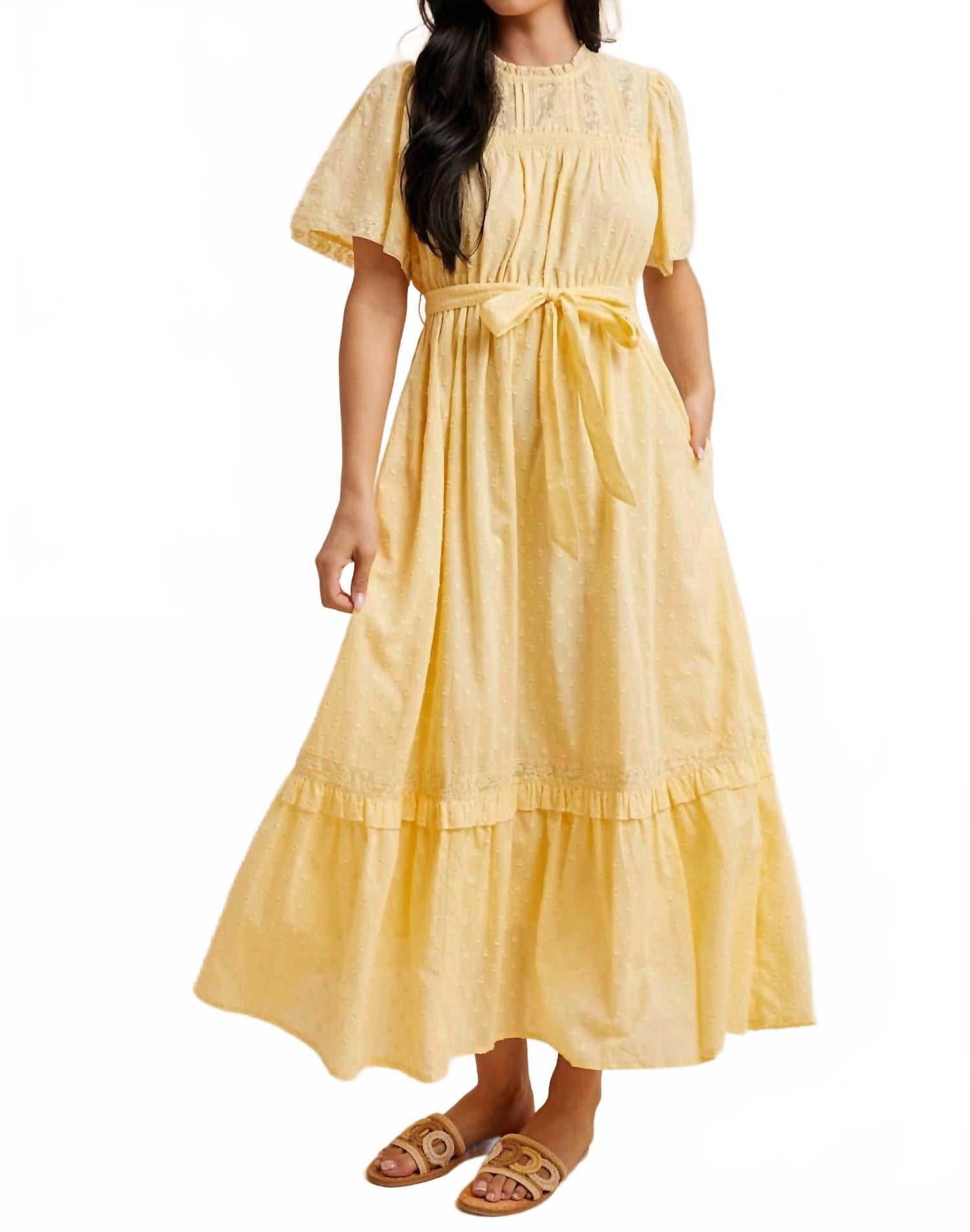 Swiss Dot Flutter Sleeve Maxi Dress In Lemon Water