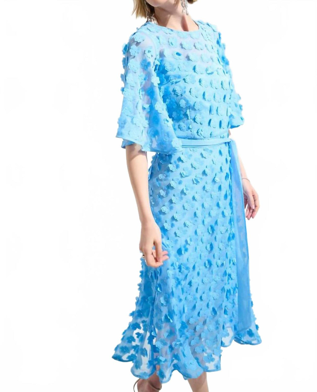 Signature 3D Chiffon Fit And Flare Dress With Sash In Sky Blue