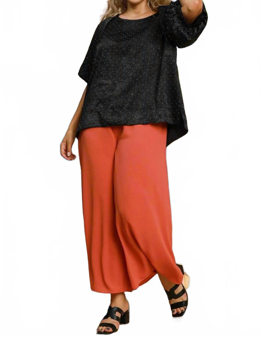 Satin Rhinestone Embellished Blouse With Puff Sleeves In Black