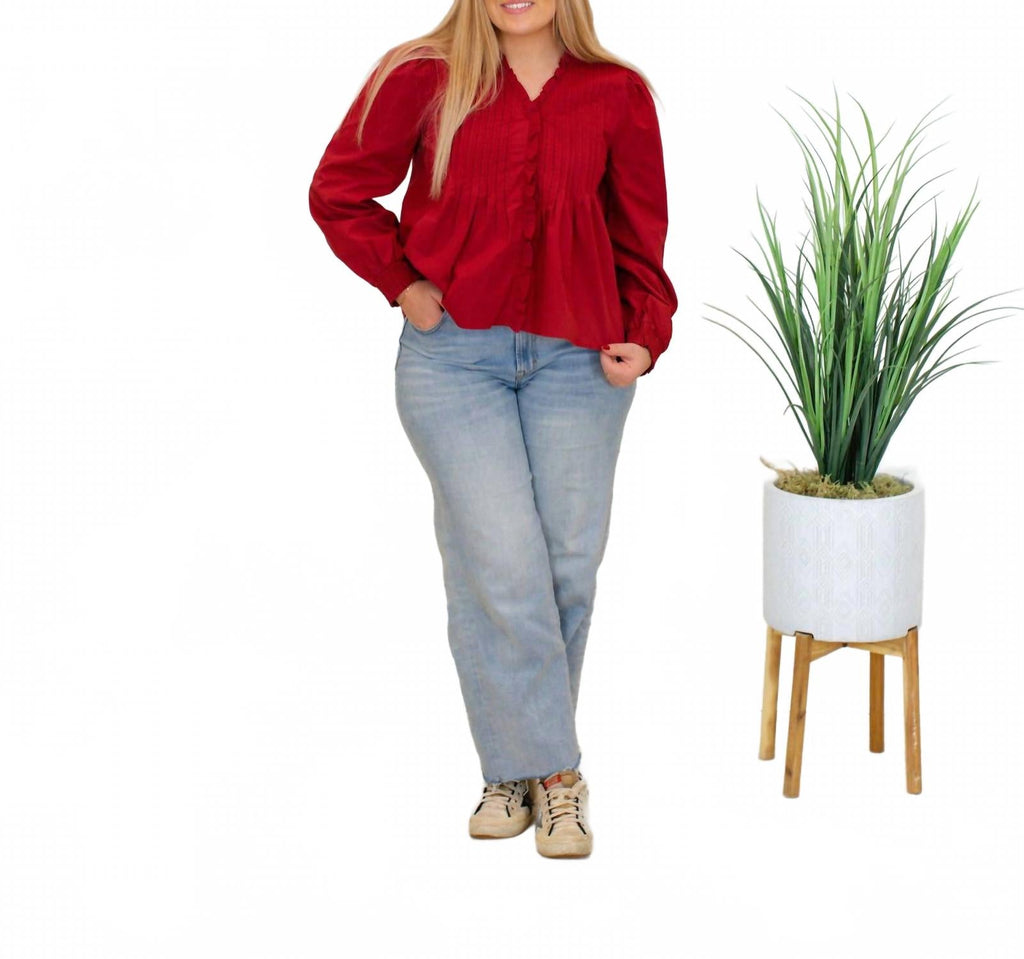 V-Neck Ruffled Trim Hidden Button Down Blouse In Crimson