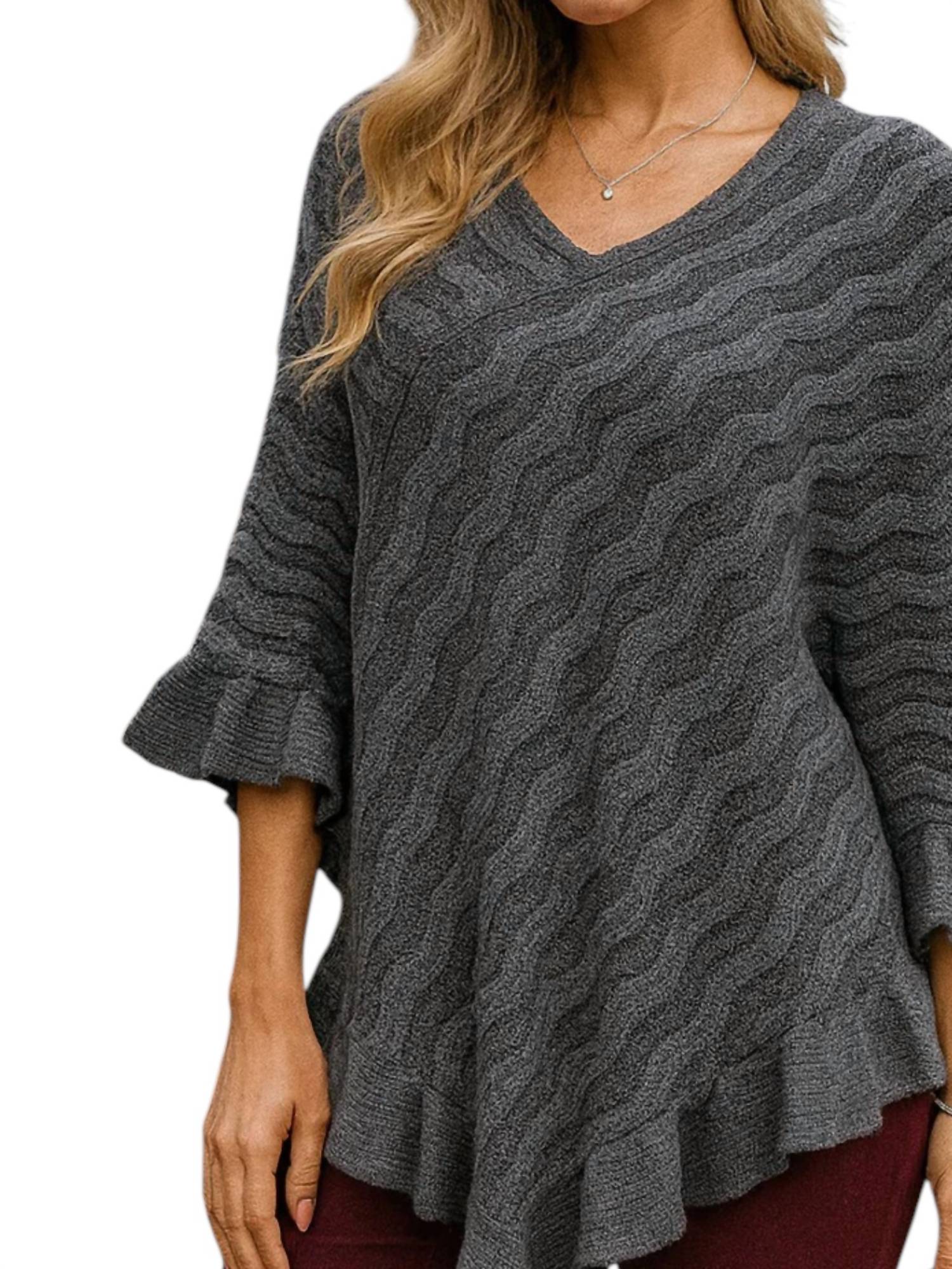 Wave Knit Poncho In Gray
