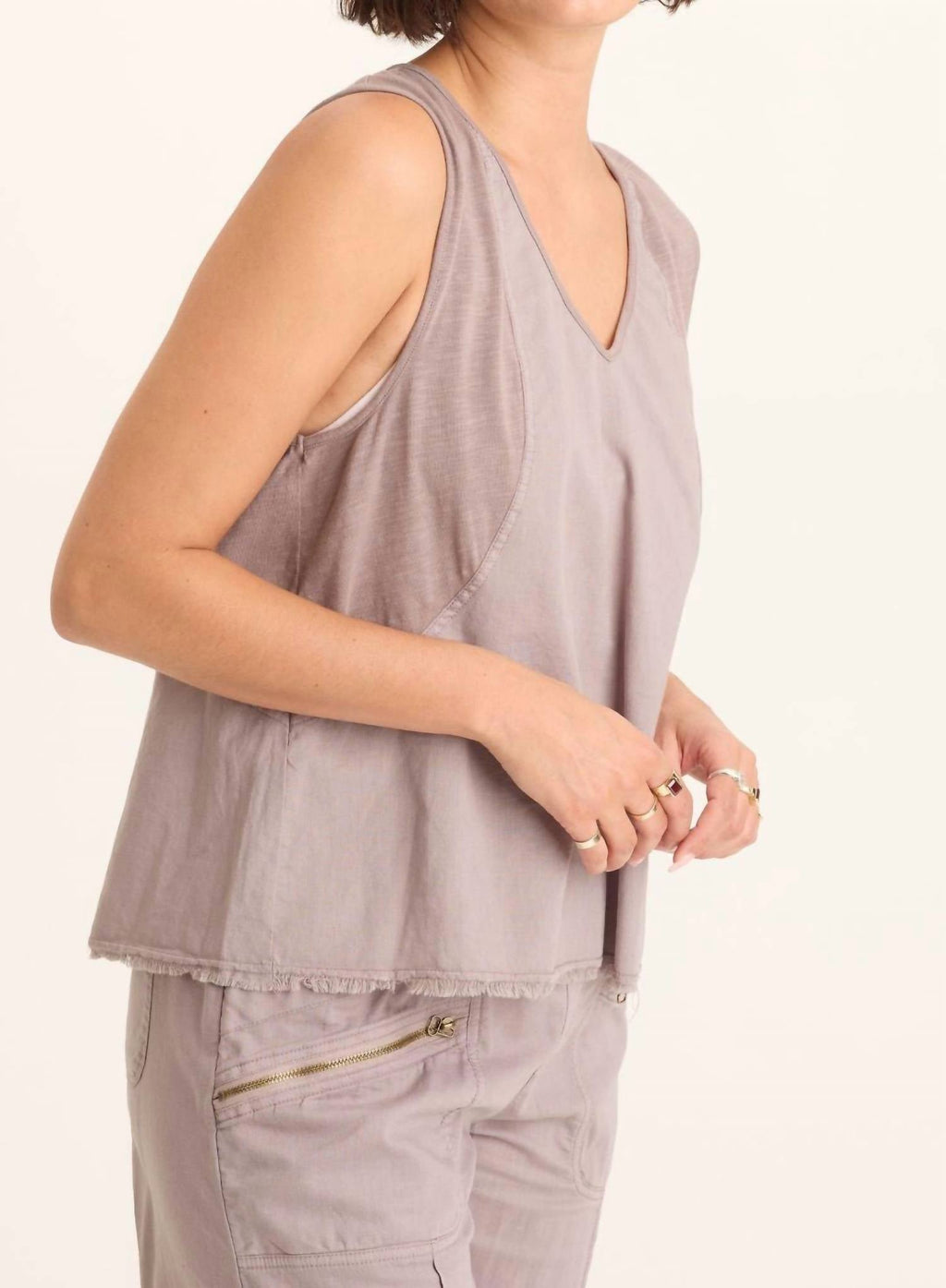 Poppy Seed Mazie Linen Jersey V-Neck Tank Top In Subtle Brown Grey