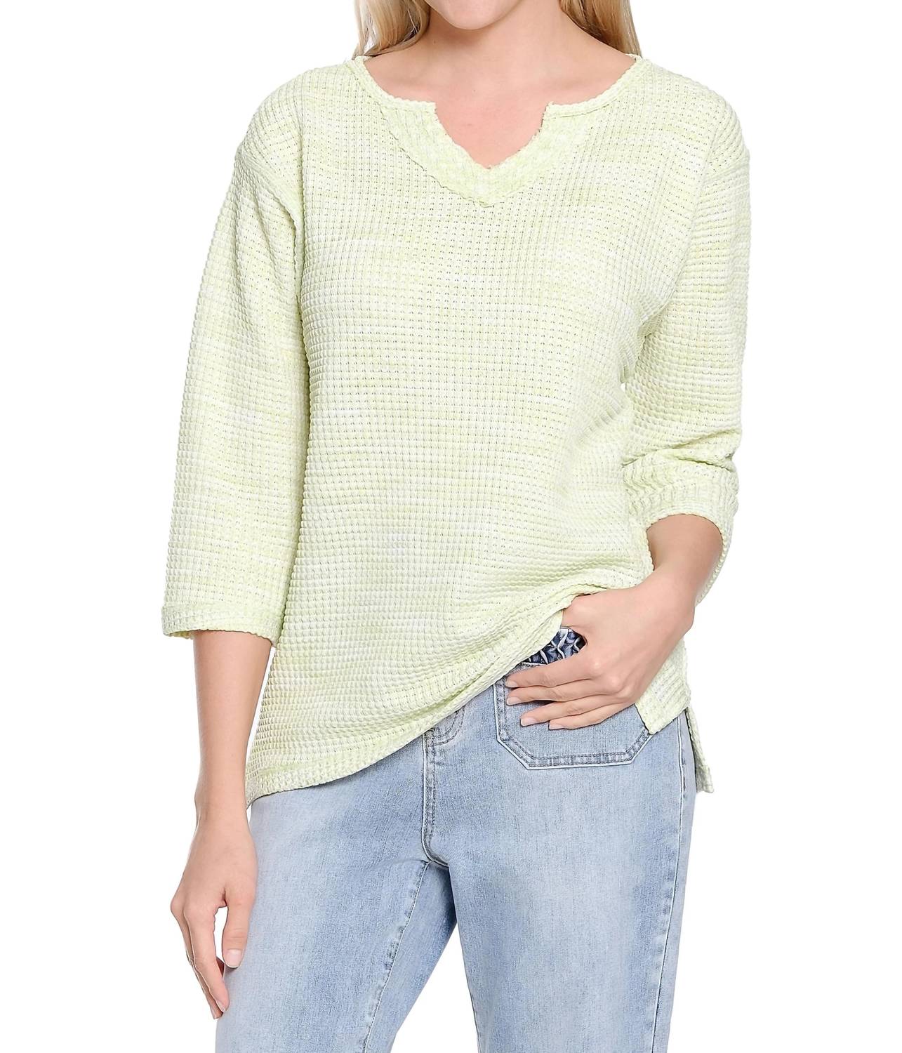 Notch Neck Textured Knit Blouse In Lime