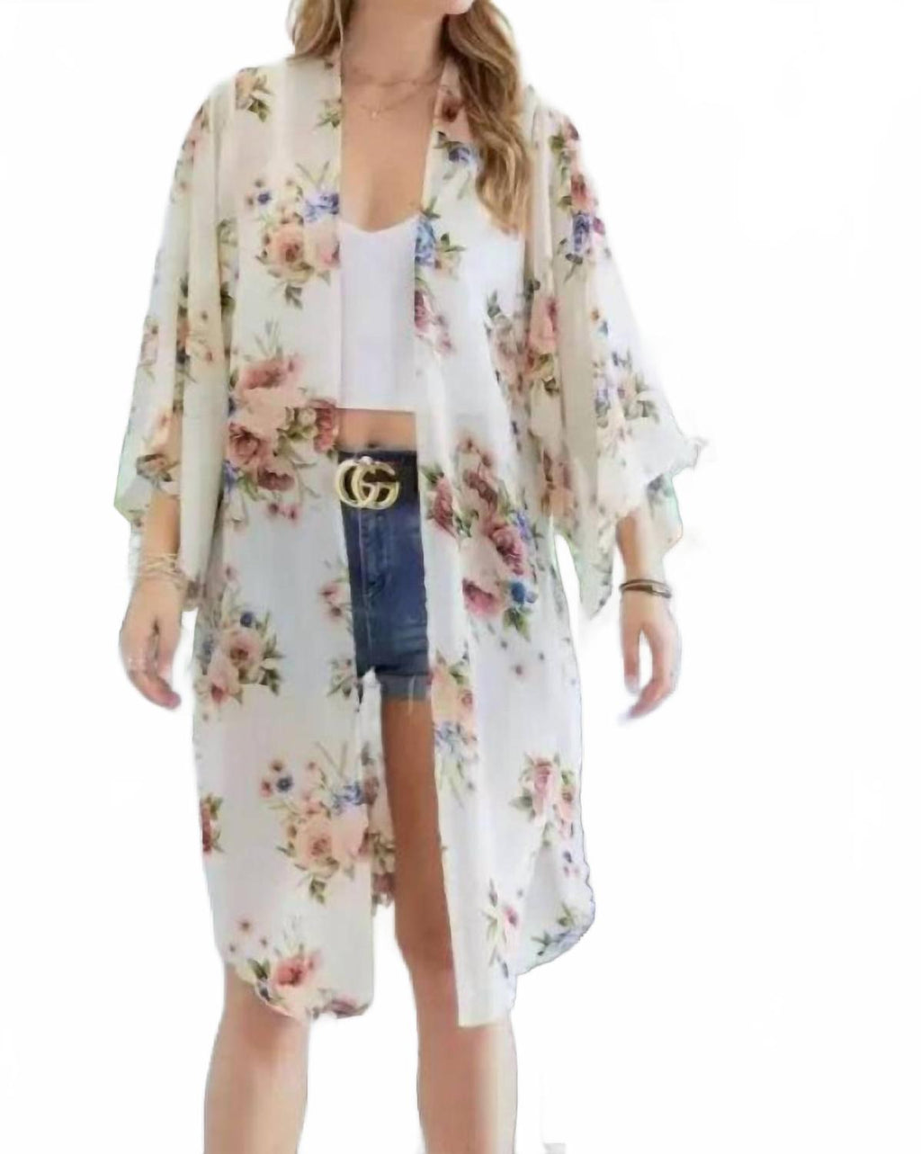 Chiffon Floral Print Three Fourth Sleeve Kimono In Ivory And Blue