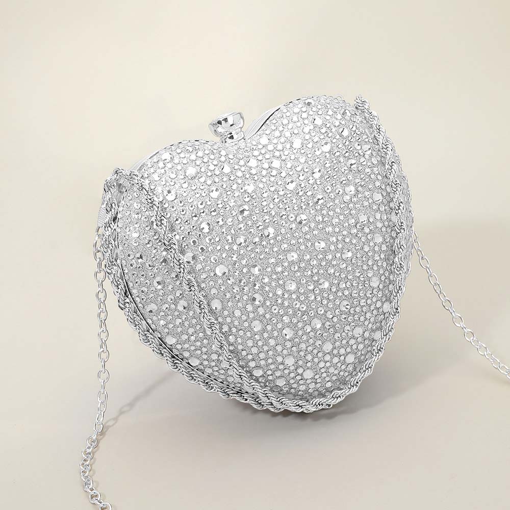 Rhinestone Studded Heart Shaped Evening Clutch Crossbody Bag