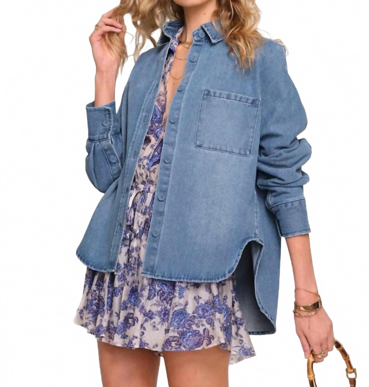 Suzanne Button Down Shacket In Ocean