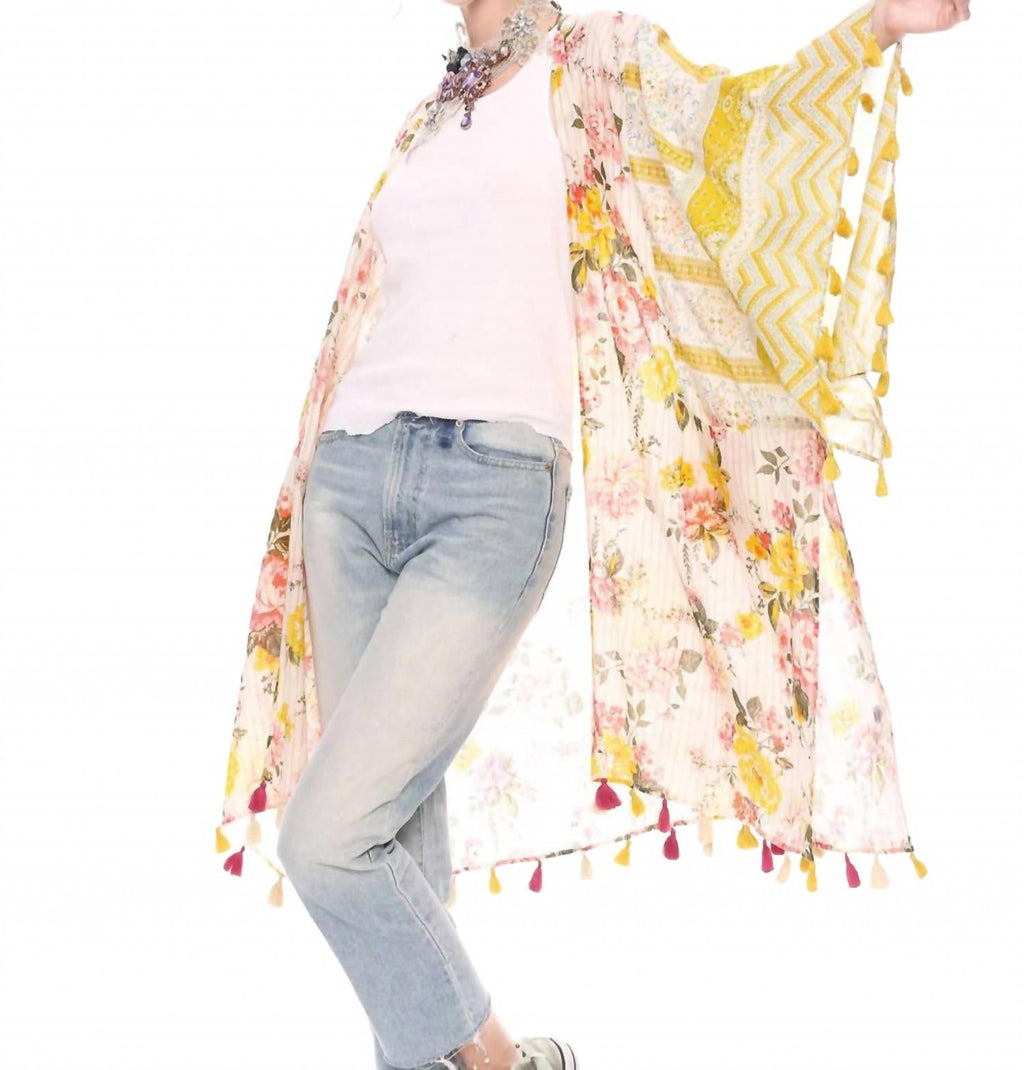 Floral Print Metallic Stipe Kimono In Mustard