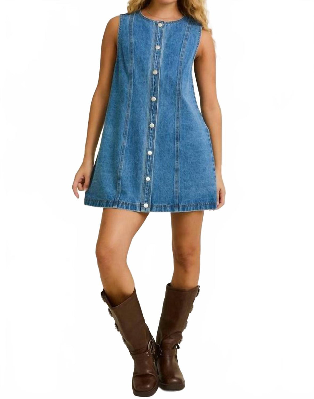 Sleeveless Round Neck Denim Mini Dress In Blue