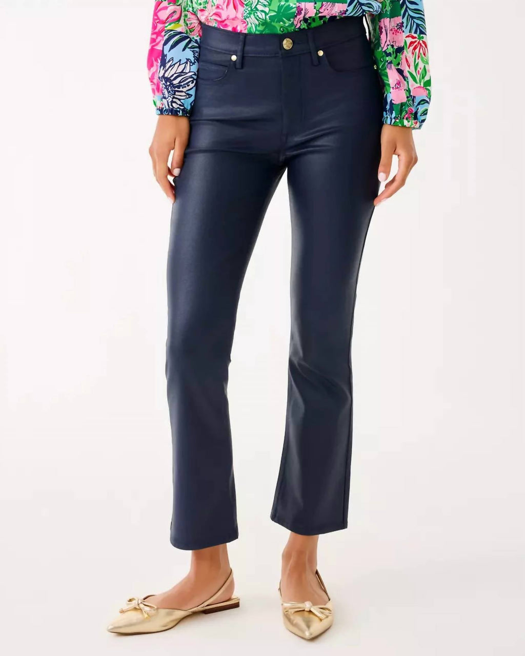 Liza Coated Crop Flare Pants In Low Tide Navy
